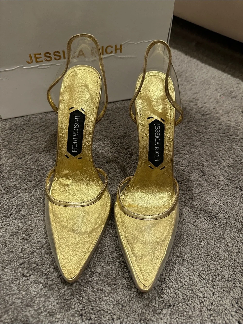 Jessica Rich Gold Metallic Pointed-Toe Clear Slingback Heels